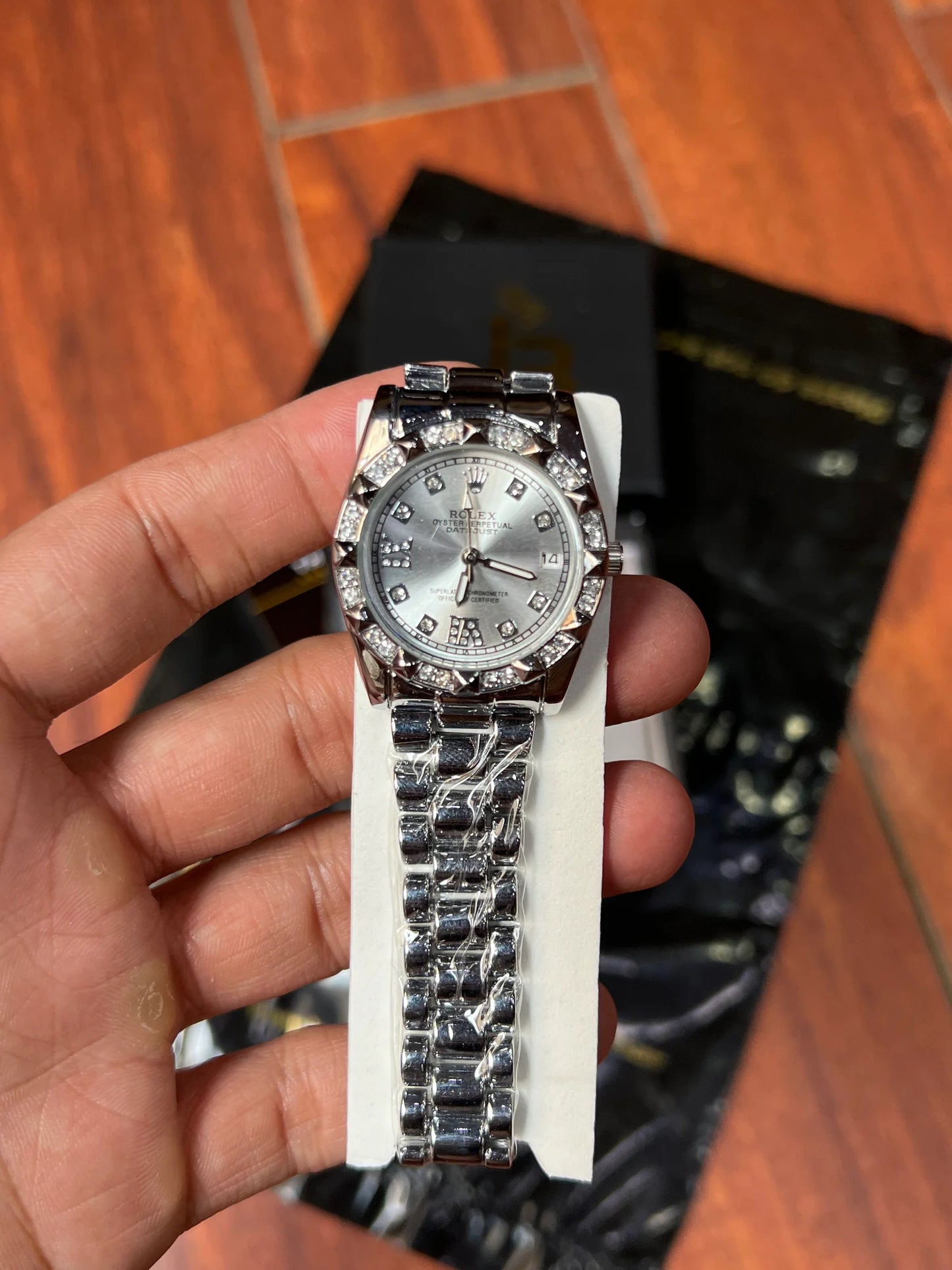 Rolex Silver Stoned Dated
