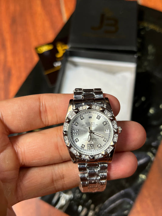 Rolex Silver Stoned Dated